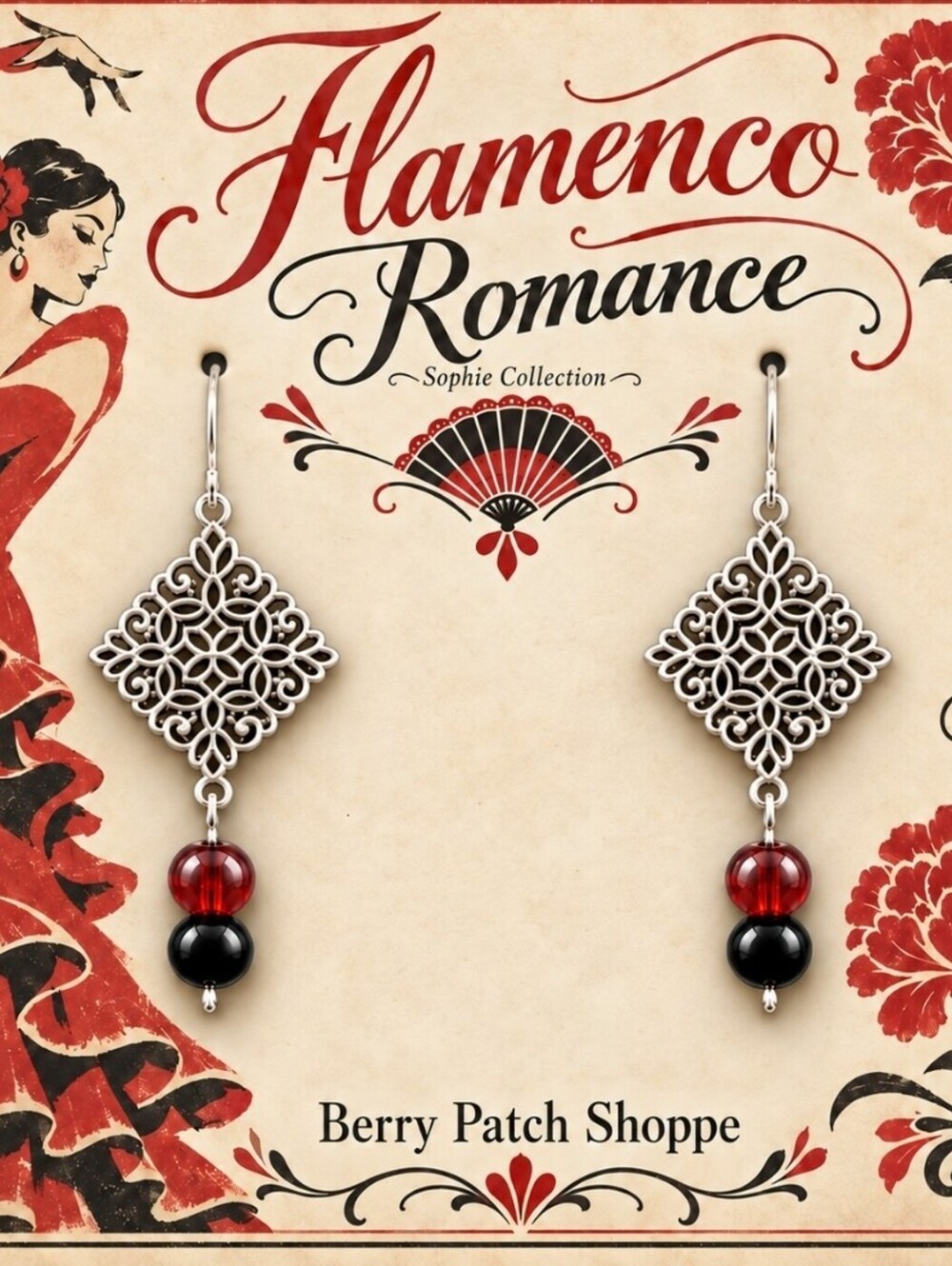 Vintage Spanish Flamenci Filigree Red Black Silver Dangle Earrings
